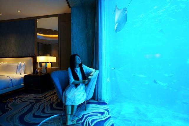 三亚七星酒店不仅有水族馆，59999的房间躺在床上可以看海底世界